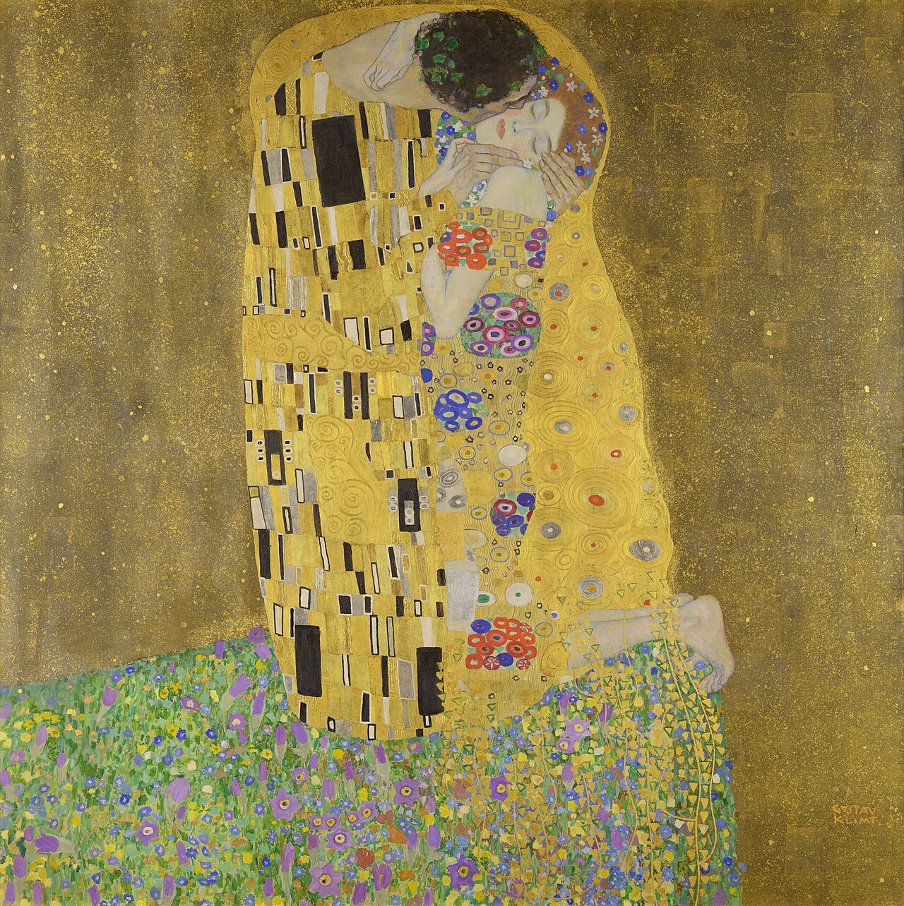 The Kiss by Gustav Klimt - lovers embracing in golden robes with ornate patterns